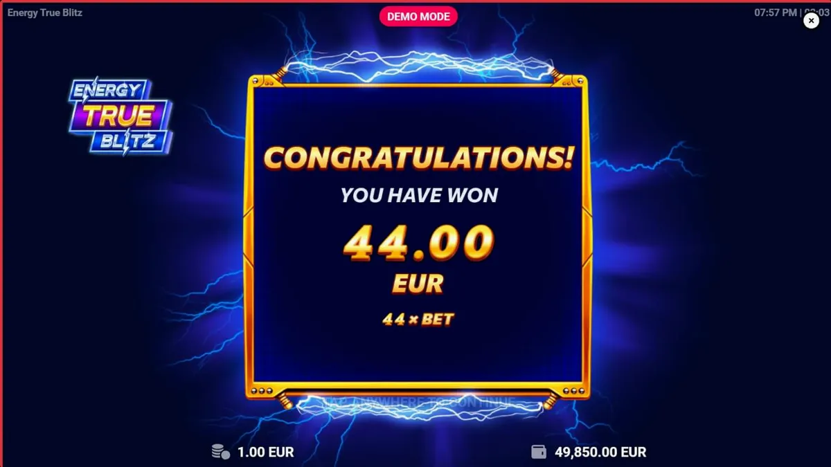 Tampilan antarmuka mobile slot Energy True Blitz dengan tema neon elektrik