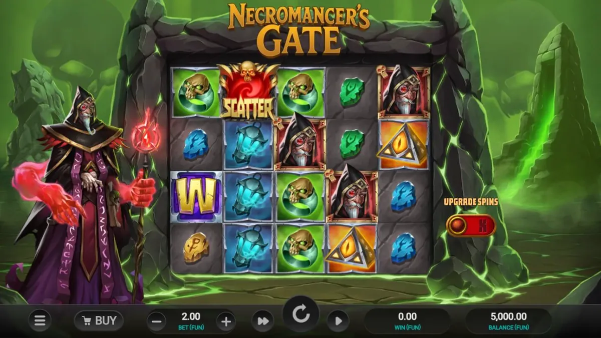 Tampilan visual slot Necromancer’s Gate dengan suasana horor gotik dan tengkorak bercahaya.